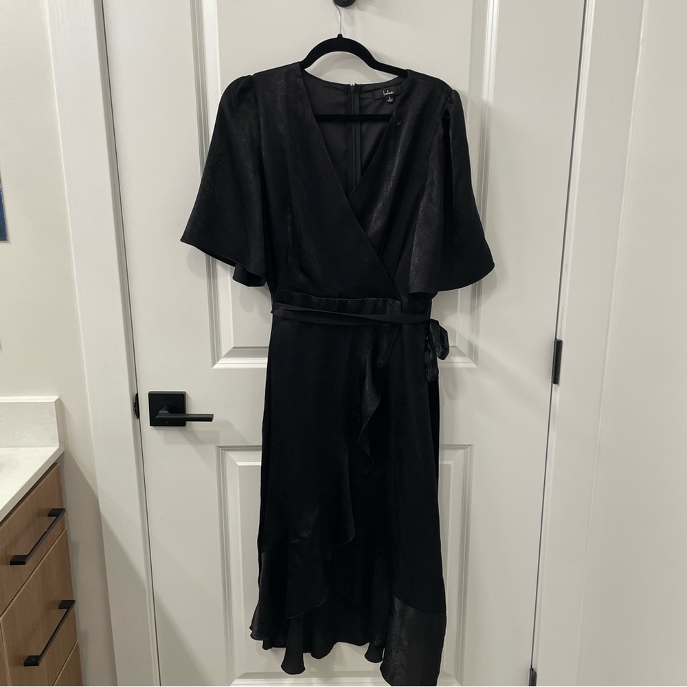 LULUS— Wrapped Up In Love Black Satin Faux-Wrap Midi Dress - NEW (never worn)